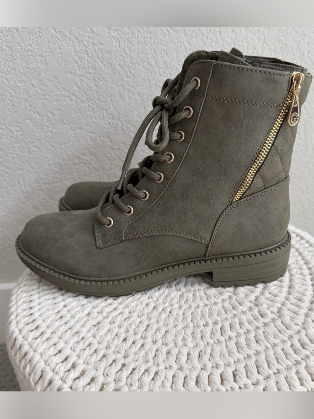 GBG Los Angeles Olive Lace-Up Combat Boots with Gold Side Zipper